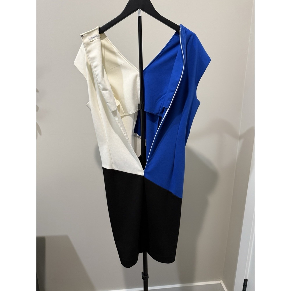 Calvin Klein Size 14 Colorblock Sheath Dress Blue White Black Career Cocktail - Picture 3 of 6